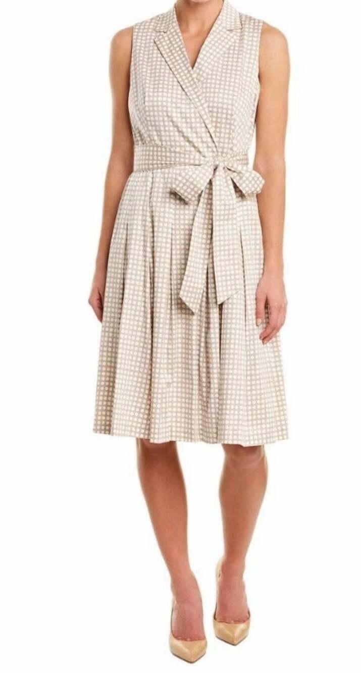 Anne Klein Polka Dot Notch Collar sleeveless Faux Wrap Flare Dress Size 14